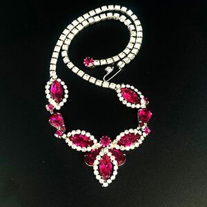 Weiss Signed Ruby Red & Clear Marquise Drop Rhinestone Silver Tone Necklace MCM